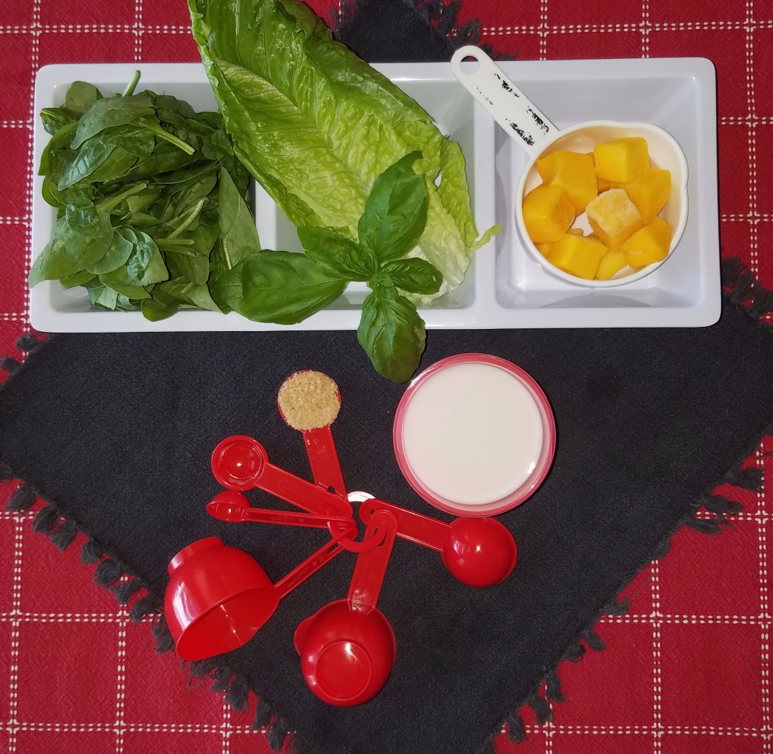ingredients for mango and greens smoothie